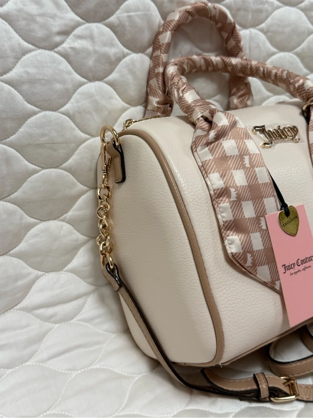 Juicy Couture Cream Satchel with Pink-Tan Scarf and Charm